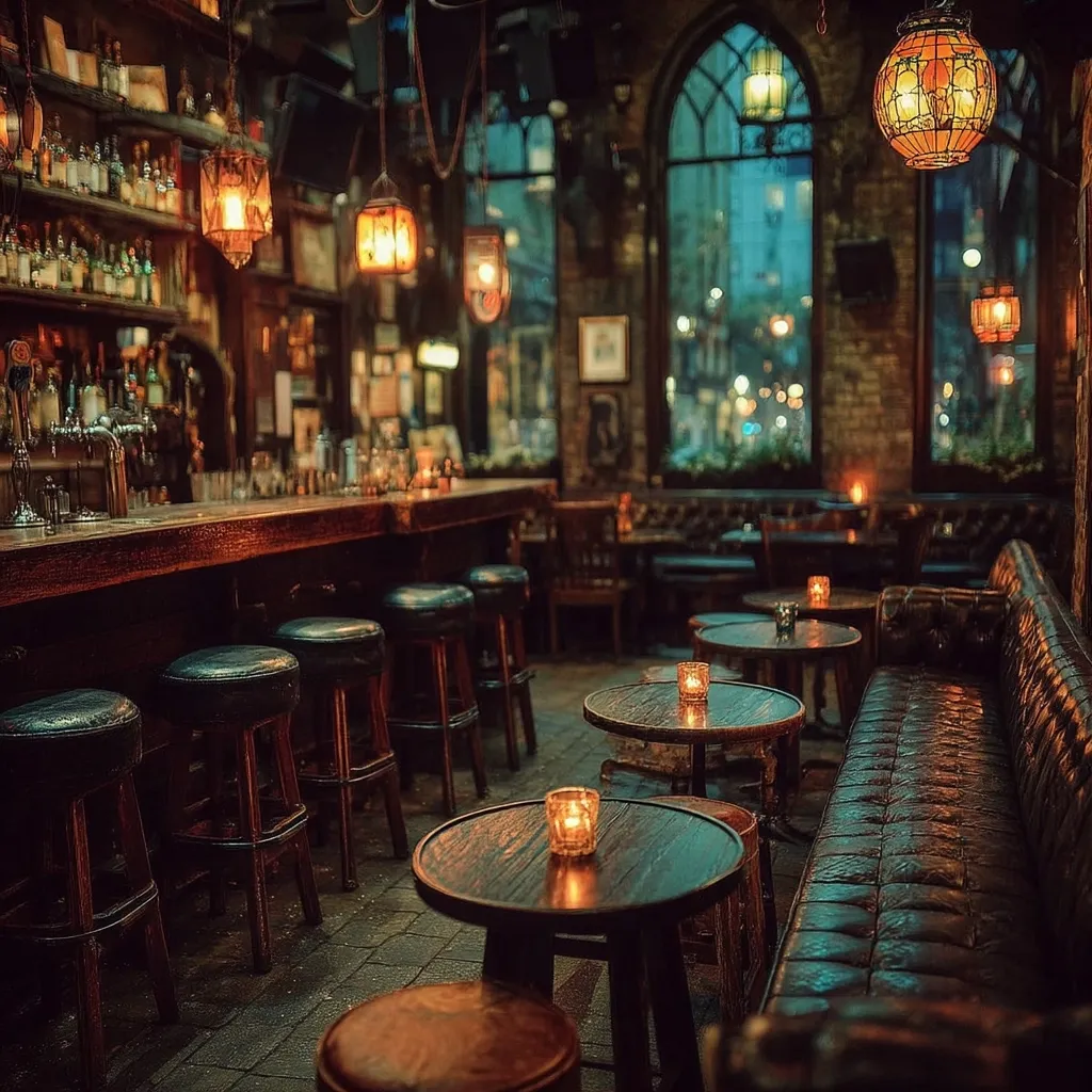 A dimly lit, traditional pub with a long wooden bar, leather stools, and small, round tables scattered throughout.  Warm lighting from hanging lanterns casts a cozy ambiance.  The interior features dark wood paneling, a large window overlooking a city street, and plush leather seating.  The overall atmosphere is inviting and classic.