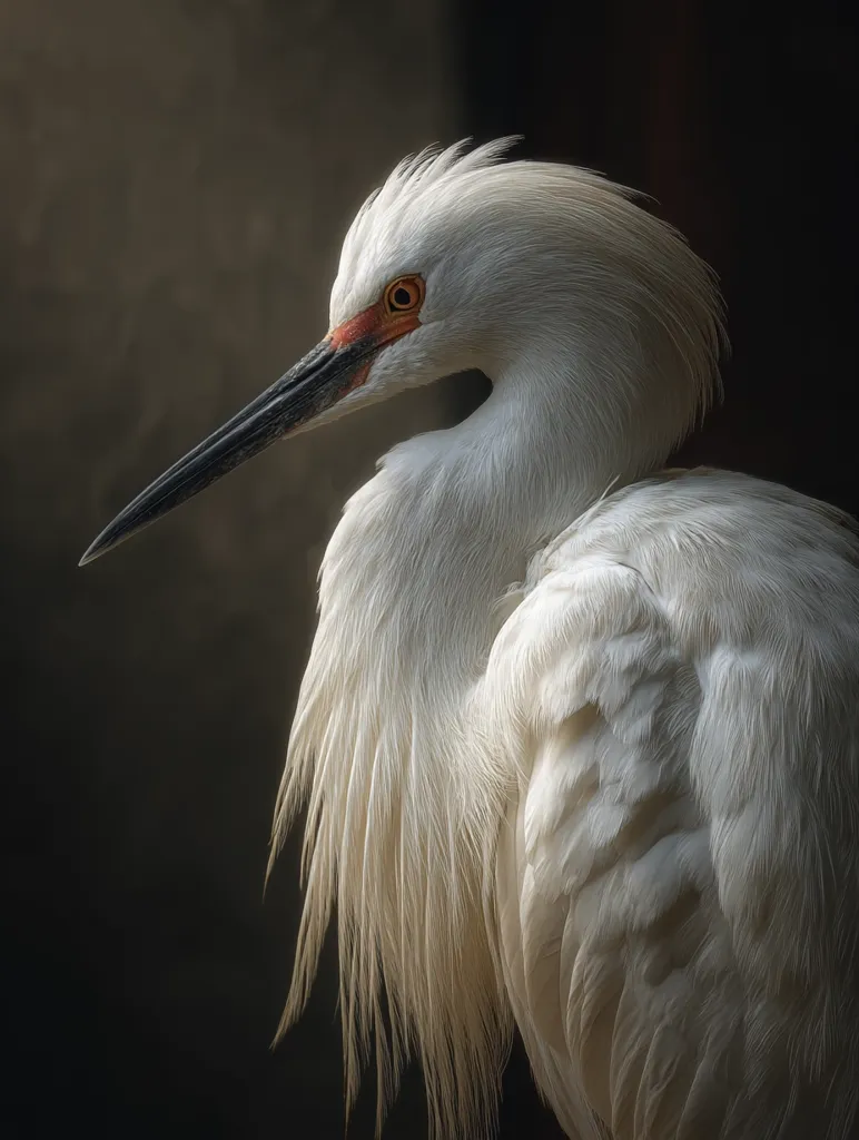A snowy egret, its plumage a pristine white, is captured in a close-up profile shot. The bird's elegant, long neck curves gracefully, and its sharp, dark beak contrasts with its bright orange eye.  Soft light illuminates the delicate texture of its feathers, creating a striking image against a dark, blurred background. The overall impression is one of serene beauty and quiet dignity.