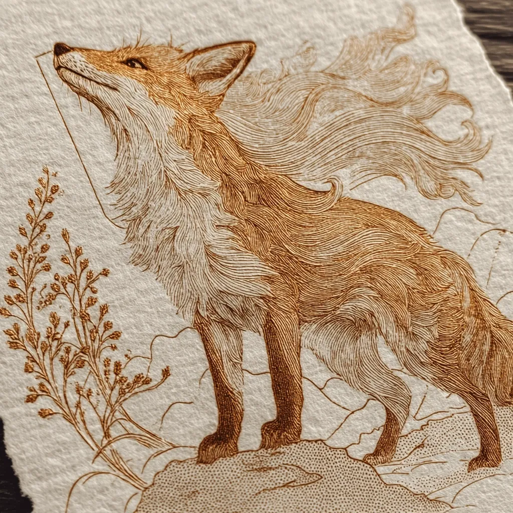 A detailed, intricately etched image of a fox, rendered in warm browns on off-white paper. The fox is depicted standing on a rocky surface, gazing upward with flowing, windswept fur. Delicate, stylized flora flanks the fox, adding to the overall whimsical and artistic feel.  The style suggests a print or wood engraving. The texture is highly detailed, emphasizing fur and foliage.