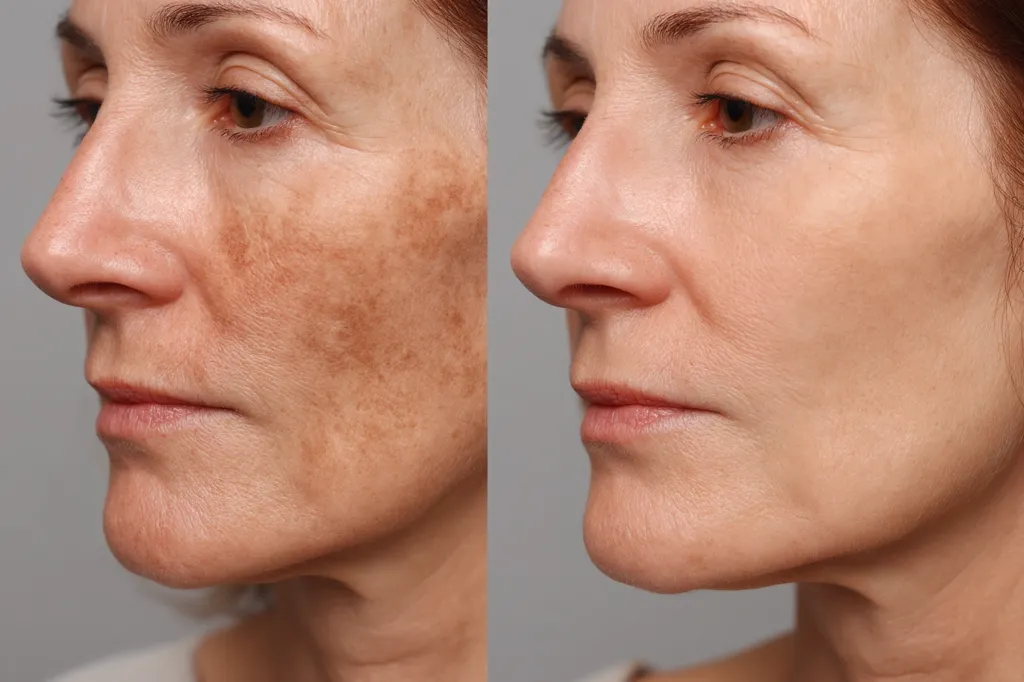 A before-and-after image shows a woman's face.  The before image reveals significant sunspots and uneven skin tone on her cheek and jawline. The after image displays a remarkable improvement, with a more even complexion and a reduction in hyperpigmentation. The treatment appears to have successfully lightened the dark spots, resulting in a smoother and brighter appearance.