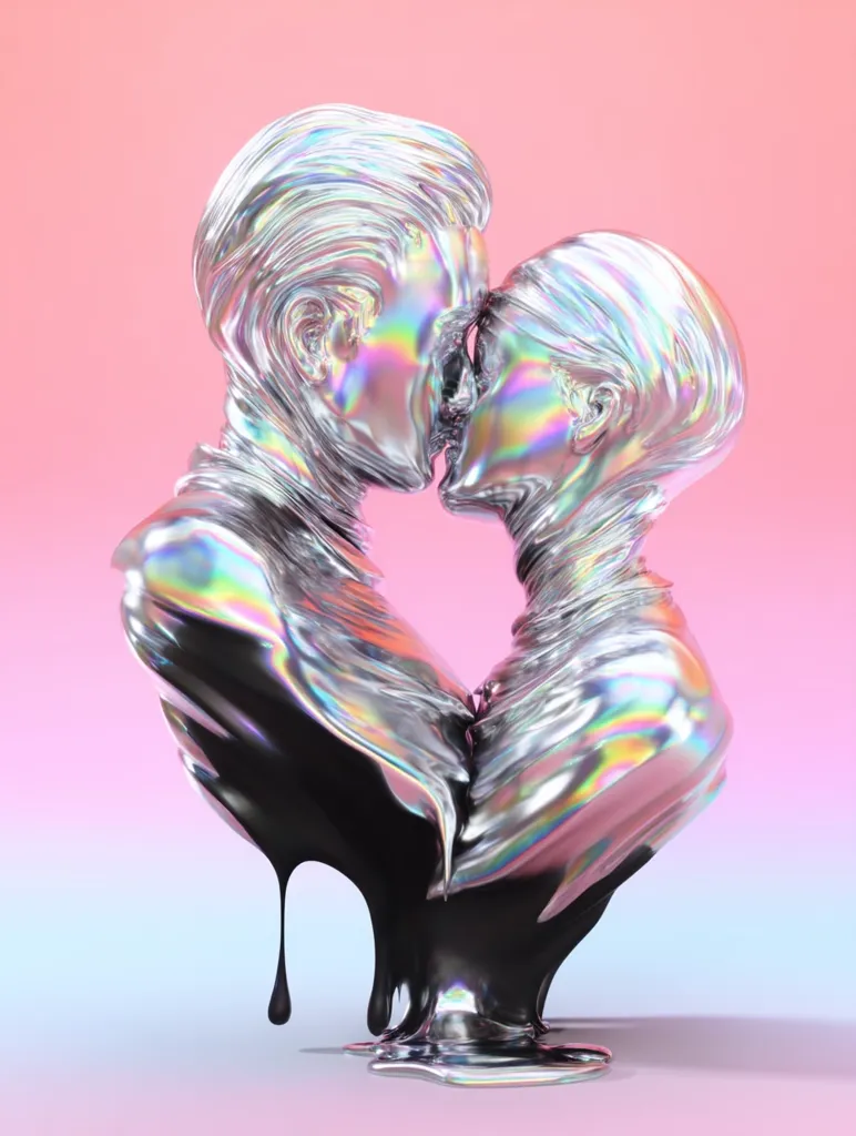 A digitally rendered sculpture depicts two figures in an embrace, their faces meeting in a kiss.  The figures are sculpted from a shimmering, iridescent material that resembles liquid metal, with a black, molten substance dripping from their base.  The overall effect is surreal and visually striking, set against a soft pink and pastel blue gradient background. The artwork evokes themes of love, fluidity, and transformation.
