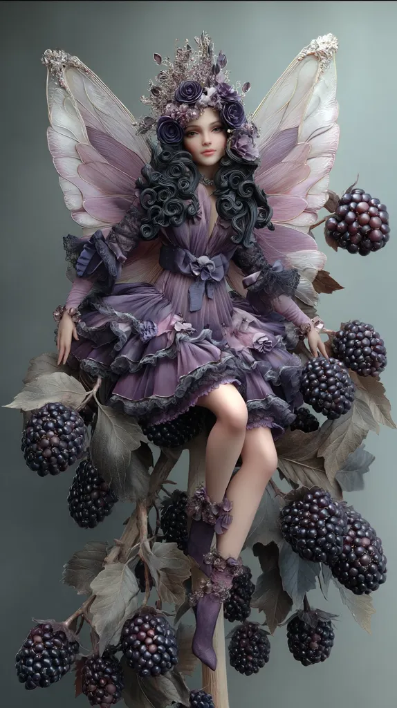 A digital rendering of an ethereal fairy, adorned in a lavish purple dress and delicate butterfly wings.  Her dark hair is styled in elaborate curls, and she wears a crown of dark purple flowers.  She perches amidst a bountiful blackberry bush, the deep purple of the berries complementing her attire.  The overall aesthetic is dark fantasy, with a focus on intricate detail and rich color.
