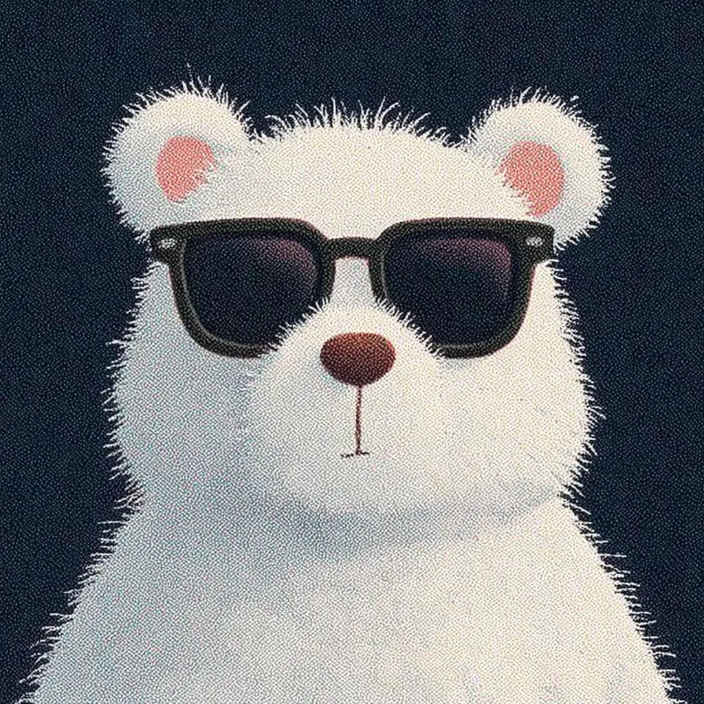 A cute, fluffy white polar bear is depicted wearing dark sunglasses against a dark blue background.  The bear's expression is serious and cool.  The image is stylized with a textured, slightly grainy appearance, giving it a charming, almost vintage feel. The overall style is minimalist and playful.