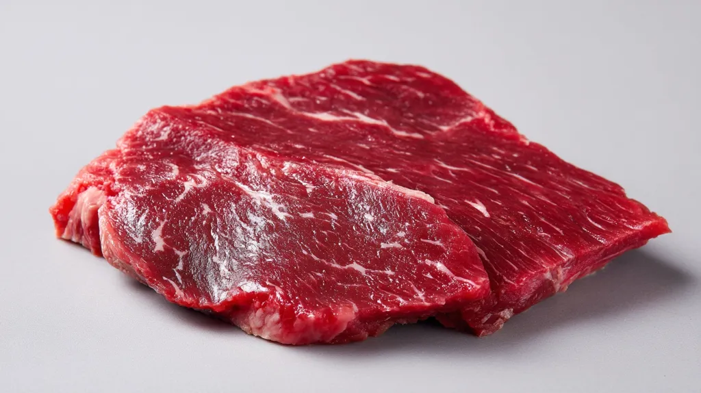 Two raw beef steaks are presented on a gray surface.  The steaks are a deep red color with visible marbling.  They are thick-cut and appear tender. The image is a close-up shot, highlighting the texture and color of the meat.  The steaks are positioned slightly overlapping.