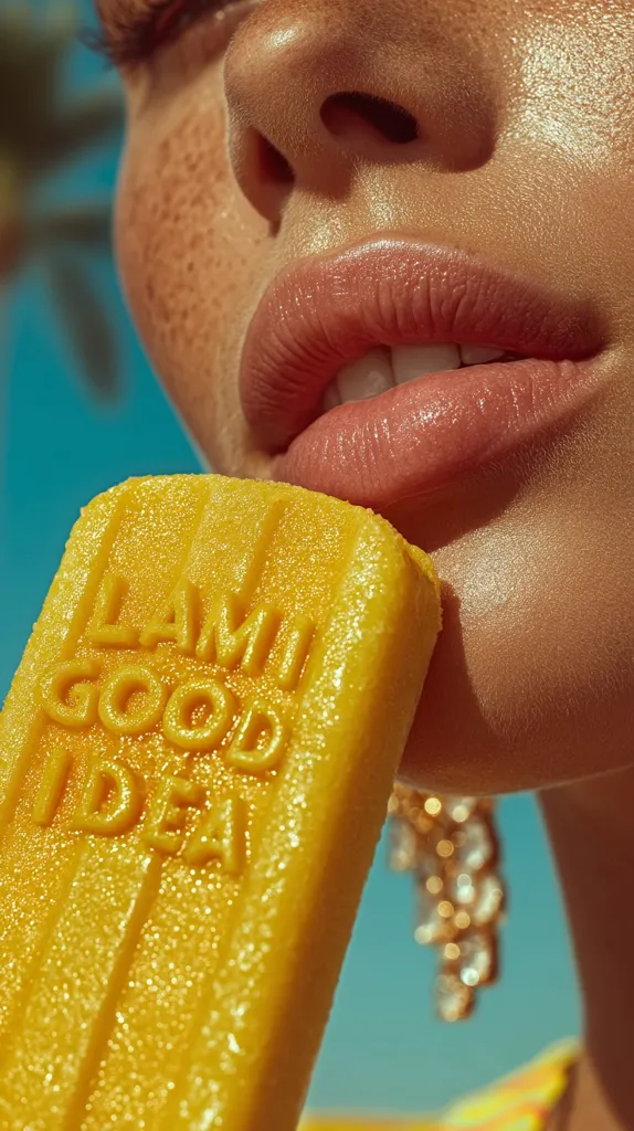Close-up of a woman's face, sun-kissed skin with freckles, biting into a yellow popsicle. The popsicle is imprinted with the words "I am good idea".  She wears gold dangling earrings. The background is blurred, suggesting a sunny outdoor setting. The overall mood is bright, summery, and playful.