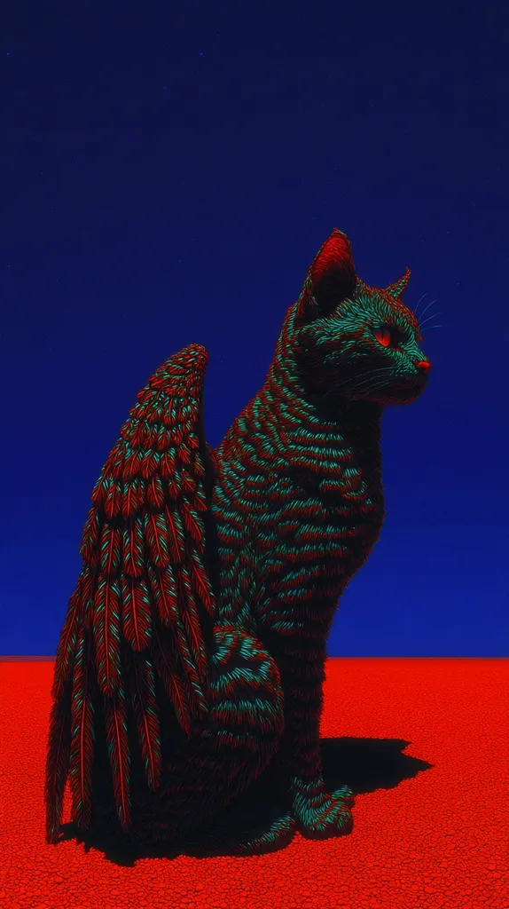 A stylized image of a black cat with vibrant teal and red feathers forming wings sits on a red landscape against a deep blue sky. The cat is depicted in a detailed, almost furry texture, its red eyes glowing intensely. The wings are meticulously rendered, each feather distinct. The contrast between the dark cat, bright wings, and red ground creates a surreal and striking visual.