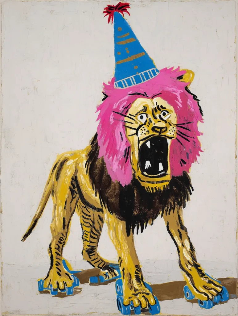 A painting of a lion wearing roller skates and a party hat. The lion has bright pink mane and is depicted with a roaring expression.  The style is bold and colorful, with visible brushstrokes. The background is a simple off-white. The overall impression is playful and slightly surreal.