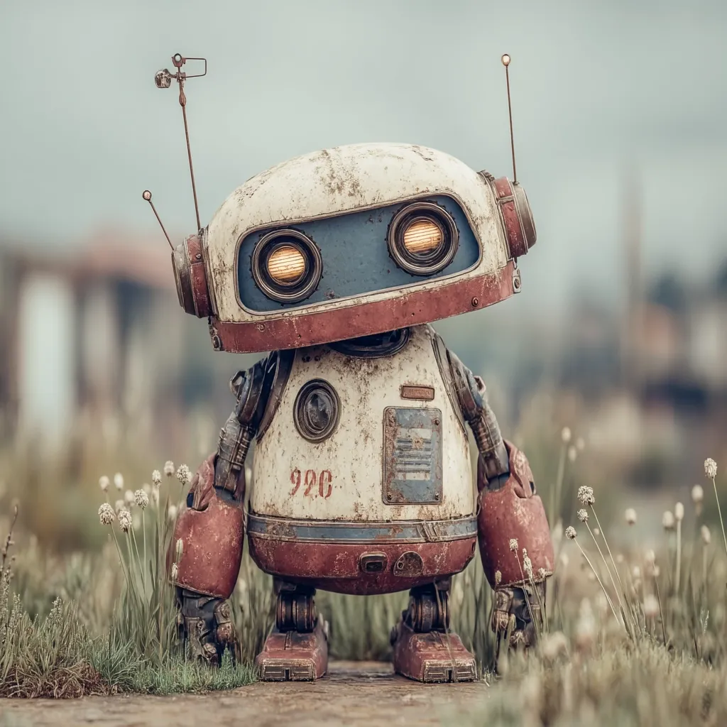 A weathered, vintage robot stands amidst tall grass.  Its body is predominantly off-white with rust-colored accents and blue detailing around its illuminated eyes.  The number "926" is visible on its chest.  The robot's design suggests age and possible abandonment in a post-apocalyptic or rustic setting.  Its small stature and endearing appearance create a sense of quiet solitude.