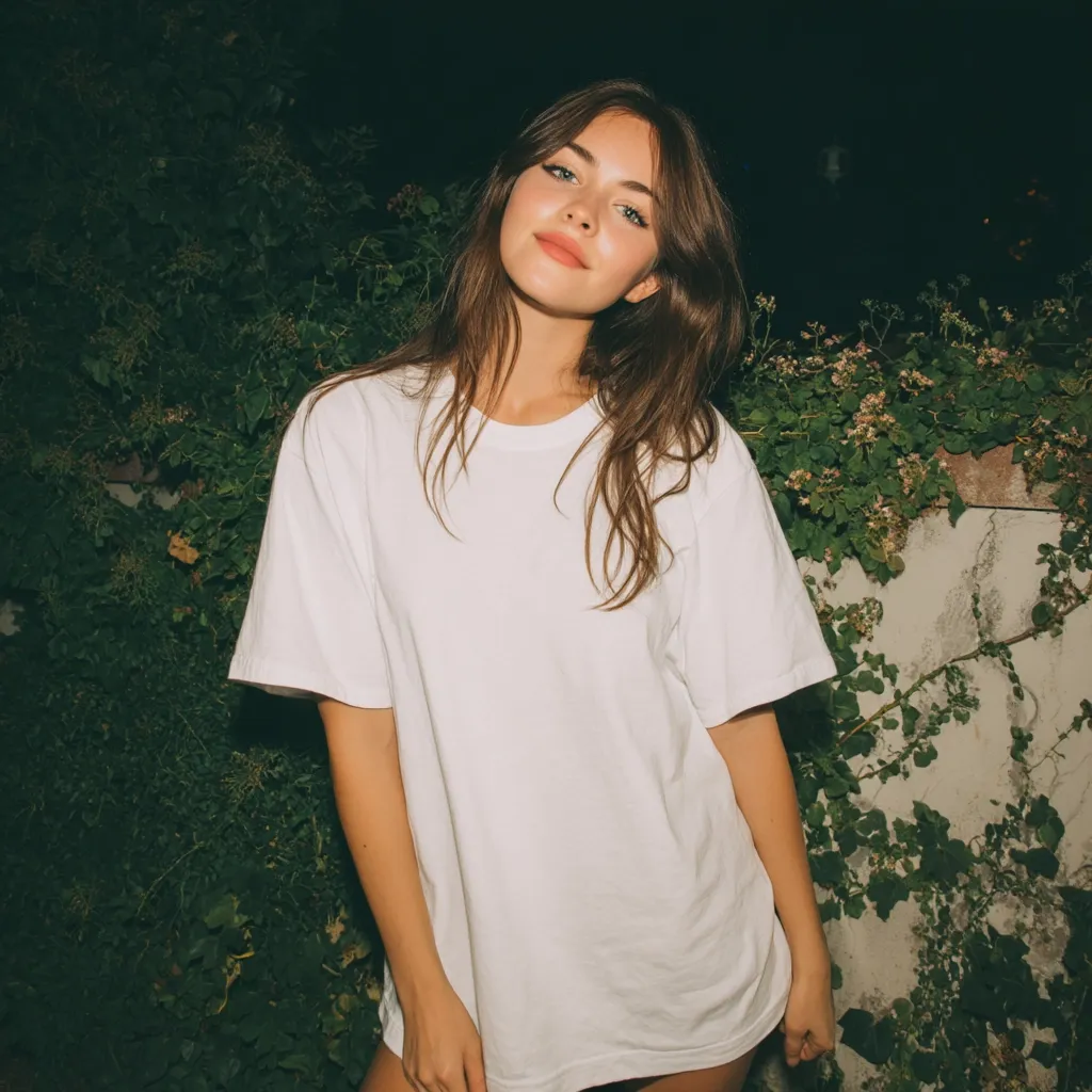 A young woman with long brown hair, styled with curtain bangs, stands against a backdrop of lush green foliage. She's wearing an oversized, plain white t-shirt, offering a casual and relaxed aesthetic.  Her expression is soft and slightly smiling, creating a gentle and approachable demeanor. The nighttime setting adds a touch of mystery to the image.