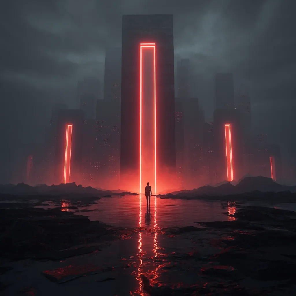 A solitary figure stands before a towering structure emitting a vibrant red glow, its rectangular shape creating a luminescent portal.  Smaller, similar structures flank it, all set against a backdrop of a hazy, futuristic city under a dark, brooding sky.  The scene is reflected in still, dark water at the figure's feet, creating a surreal and atmospheric image.