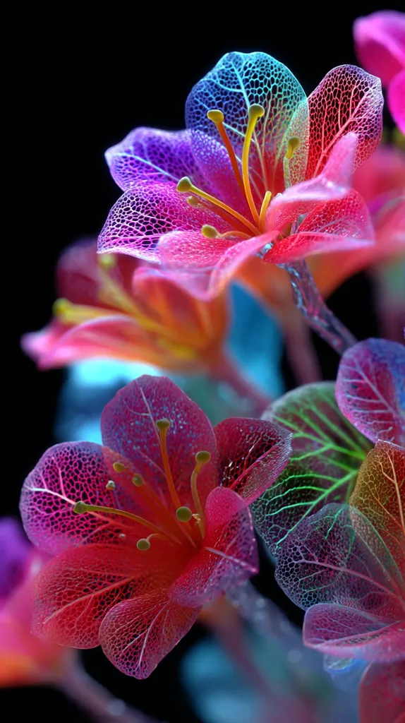 Vibrant, iridescent flowers with translucent petals are showcased against a dark background.  The petals reveal intricate vein structures, glowing with a spectrum of colors including pink, purple, blue, and green.  The image evokes a sense of fantasy and otherworldly beauty, highlighting the delicate structure and vibrant hues of these unusual blossoms.