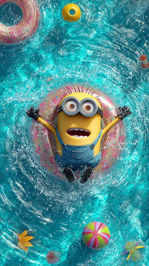 A Minion joyfully floats on a pink donut-shaped inner tube in a sparkling turquoise pool.  Surrounding him are other colorful inflatable toys, including a beach ball and smaller candy-like objects. The water is vibrant and bubbly, suggesting a fun summer day.  The Minion's happy expression perfectly captures the carefree spirit of the scene.