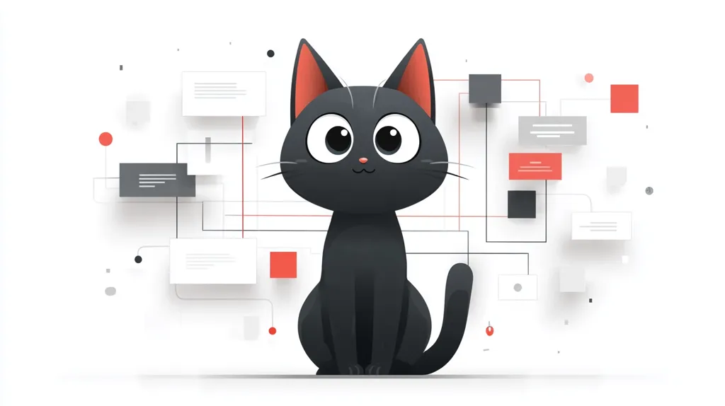 A cute, cartoon black cat with large eyes sits in the center of the image.  It's surrounded by an abstract network of interconnected lines, boxes, and colored shapes, suggesting a concept related to data flow, technology, or a network system. The overall style is minimalist and modern. The cat's design is appealing and friendly.