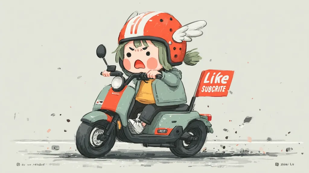 An illustration of a chibi-style girl with short green hair wearing an orange helmet with wings, riding a teal and orange scooter.  She has an angry expression. A red flag behind her says "Like Subcrite".  The scooter is speeding along a light gray road, leaving small debris in its wake. The style is whimsical and digitally painted.