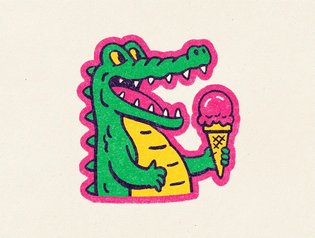 A cartoon crocodile with a textured, green body and pink outline holds a strawberry ice cream cone.  The crocodile's expression is one of happy anticipation, its mouth open in a wide grin. The style is reminiscent of children's book illustrations, with bold outlines and simple shapes. The background is a textured, off-white color.