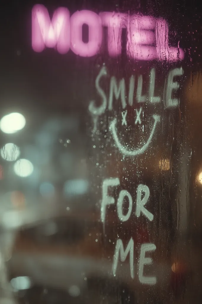 A rain-covered motel window displays a pink neon "MOTEL" sign.  On the wet glass, someone has written "SMILE" with a smiley face and "FOR ME" in white.  The blurred city lights create a soft, atmospheric background. The overall image evokes a feeling of loneliness and longing, yet carries a hopeful message.