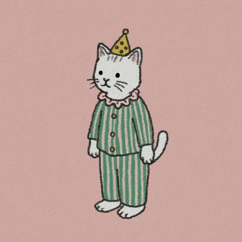 A charming illustration depicts a white cat wearing green and white striped pajamas and a tiny party hat.  The cat stands upright, its paws neatly positioned, against a pale pink background. The style is reminiscent of children's book illustrations, with a slightly textured effect adding to its whimsical appeal. The image evokes feelings of warmth and joy.