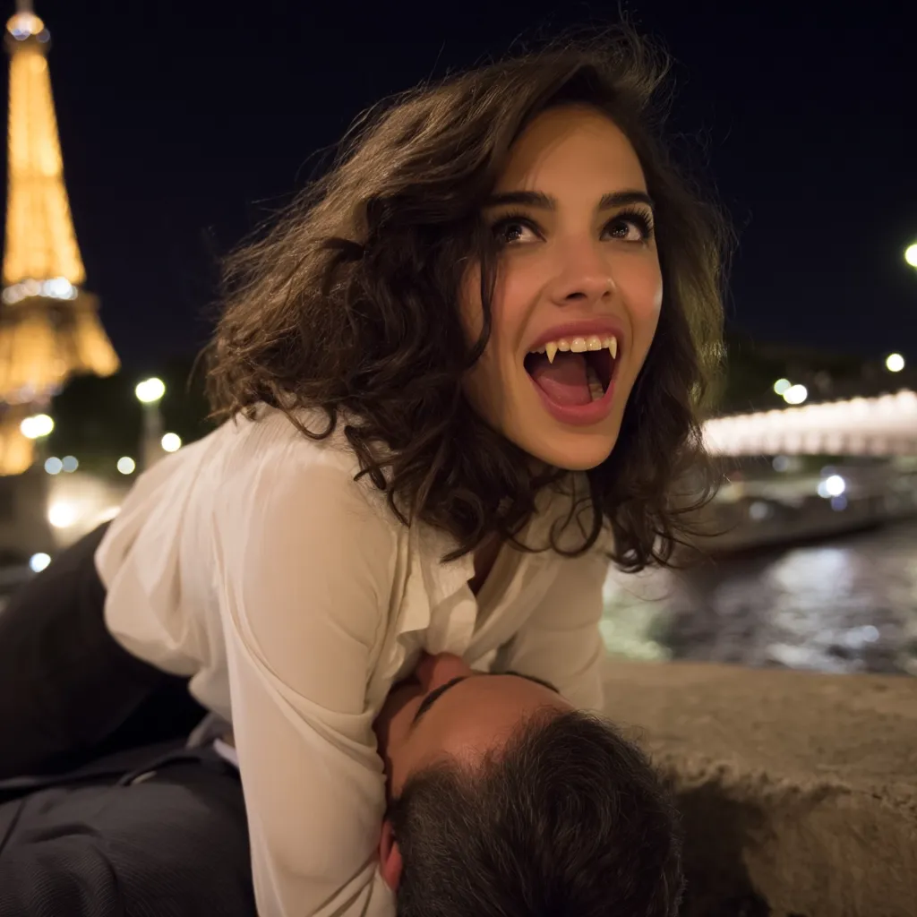 A young woman with dark curly hair, wearing a white shirt and fangs, leans over a man lying on a stone wall at night.  The Eiffel Tower is visible in the background, illuminated against the dark Parisian sky.  Her expression is playfully predatory, suggesting a vampire theme. The scene is romantic and slightly sinister, set against the backdrop of a city at night.