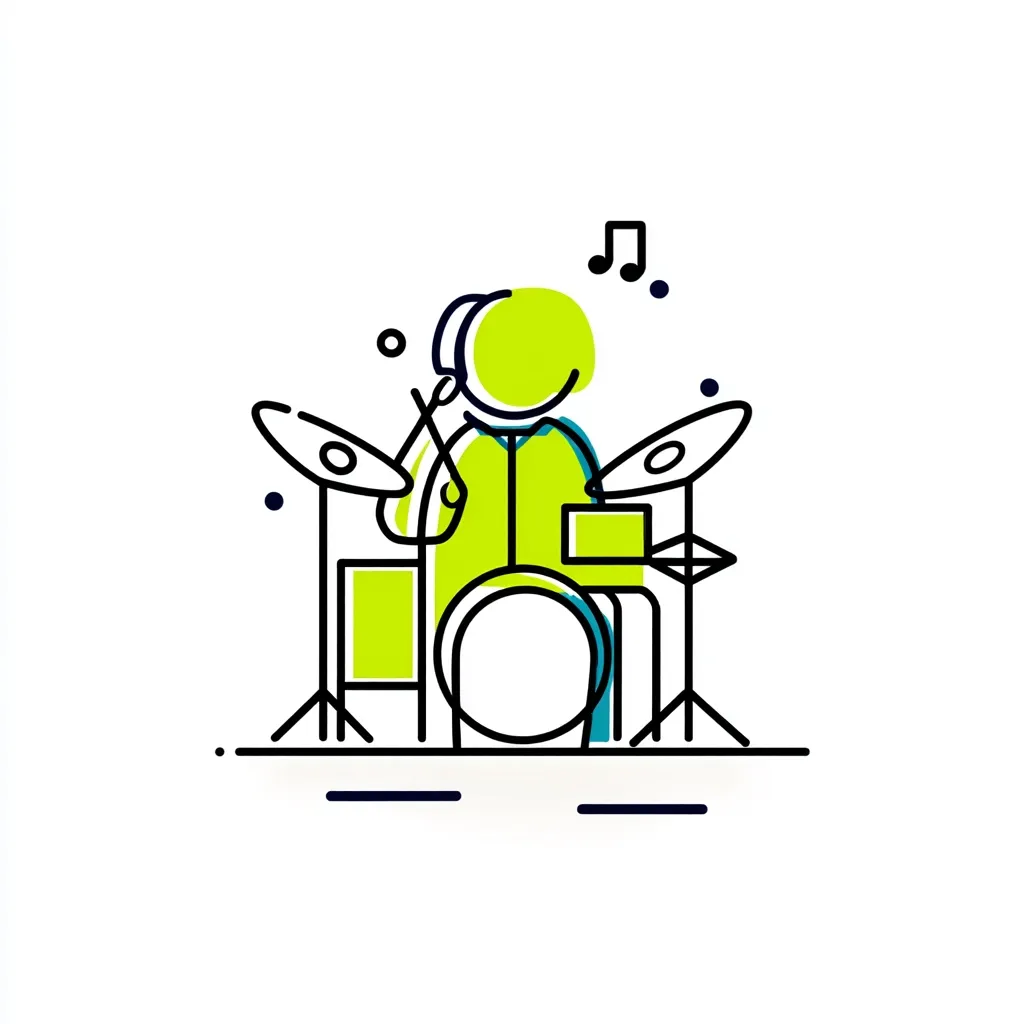 A stylized line drawing depicts a drummer behind a drum kit.  The drummer, represented by a lime green figure, wears headphones and holds drumsticks.  The drum kit includes a bass drum, snare drum, and cymbals.  Simple musical notes float above the drummer, suggesting music is being played.  The style is minimalist and modern, using bold outlines and bright colors.
