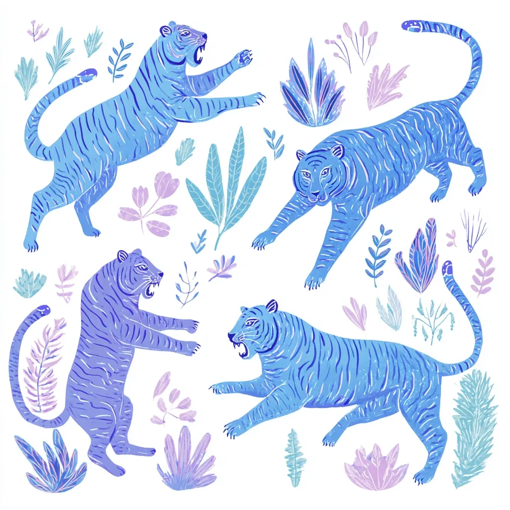 Four stylized blue tigers are depicted in a playful arrangement against a white background.  Surrounding the tigers are various pastel-colored tropical leaves and plants.  The tigers are rendered in a bold, graphic style with distinct stripes.  The overall aesthetic is vibrant and whimsical.