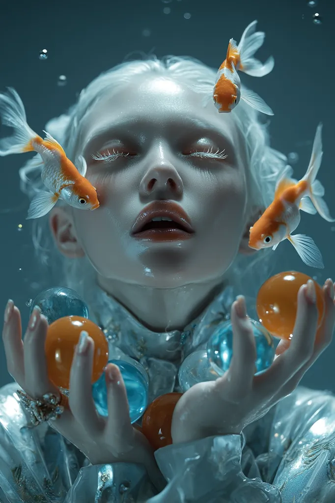 A serene woman with pale skin and white hair is submerged in water, surrounded by goldfish and translucent orbs.  Her eyes are closed, and her expression is peaceful.  She gently cradles the orbs in her hands, creating a dreamlike, ethereal underwater scene. The overall color palette is cool and muted, enhancing the tranquil atmosphere.
