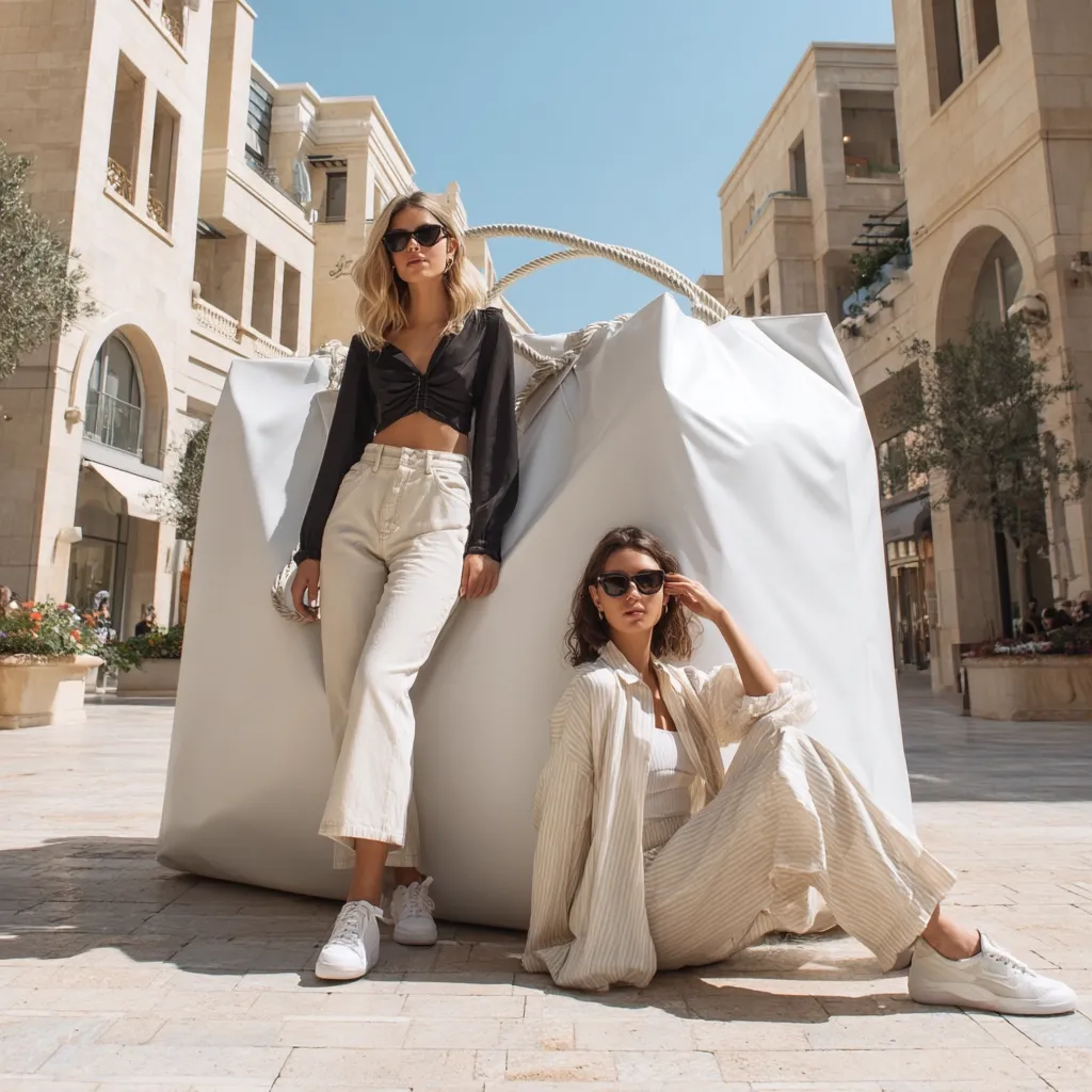 Two stylish women pose against a giant white shopping bag in a sun-drenched outdoor plaza.  One wears a black crop top and cream pants, while the other is in a cream striped suit. Both women sport sunglasses and white sneakers.  The background features elegant, light-colored buildings, creating a sophisticated and fashionable scene.