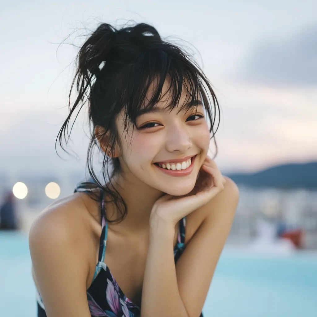 A young woman with dark hair pulled back in a loose bun smiles brightly at the camera.  Her hair is slightly wet, and she has rosy cheeks.  She rests her chin on her hand, and is wearing a dark patterned swimsuit top. The background is softly blurred, suggesting an outdoor setting near water.  Her expression is cheerful and carefree.