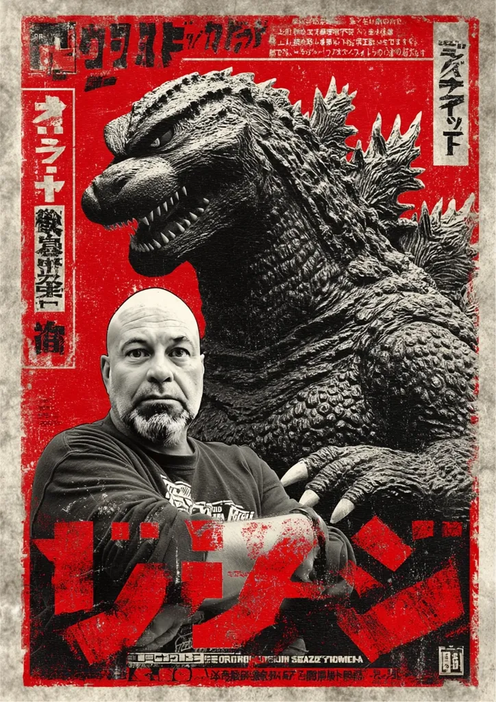 A stylized poster features a man, possibly a director or artist, posing with Godzilla.  The design is reminiscent of vintage Japanese movie posters, with bold red and black tones, kanji characters, and a distressed texture.  Godzilla dominates the background, while the man sits in the foreground, conveying a sense of collaboration or tribute.  The overall impression is one of classic monster movie aesthetic.