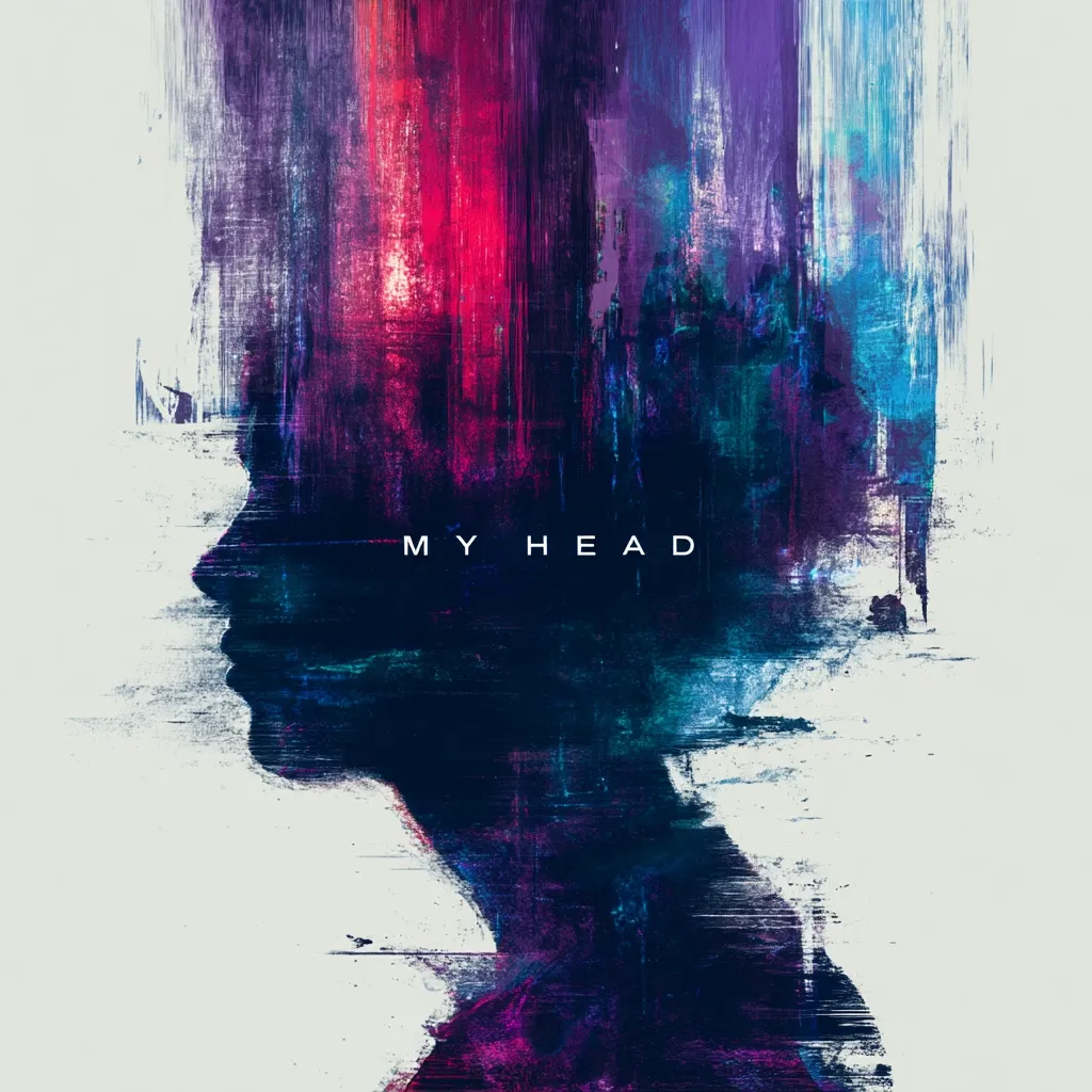 An abstract portrait depicting a person's head in profile.  The image is composed of vibrant, textured brushstrokes in deep blues, purples, and reds, creating a sense of depth and emotion.  The words "MY HEAD" are subtly placed within the artwork, suggesting introspection or mental states.  The overall effect is one of both beauty and unease, hinting at the complexity of inner thoughts and feelings.