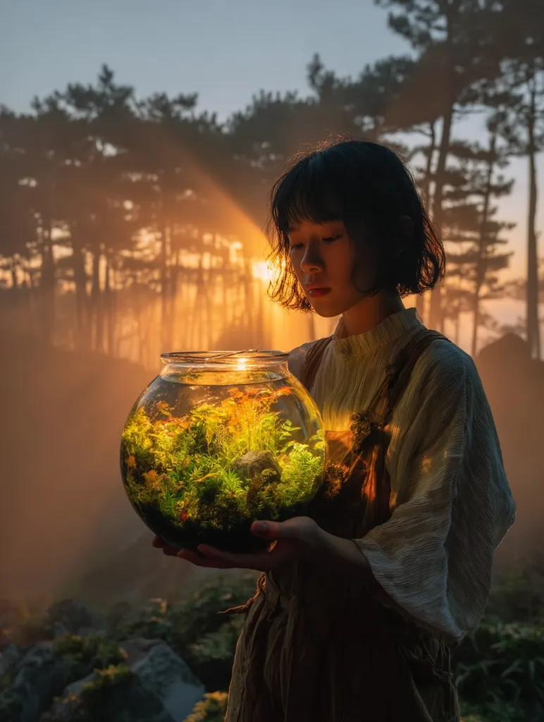 A young woman with short dark hair holds a round glass terrarium filled with lush green aquatic plants.  Golden sunlight streams through a misty forest behind her, illuminating the scene. The woman's expression is serene as she carefully cradles the miniature ecosystem, creating a mystical and peaceful atmosphere.  The overall image evokes a sense of tranquility and connection with nature.
