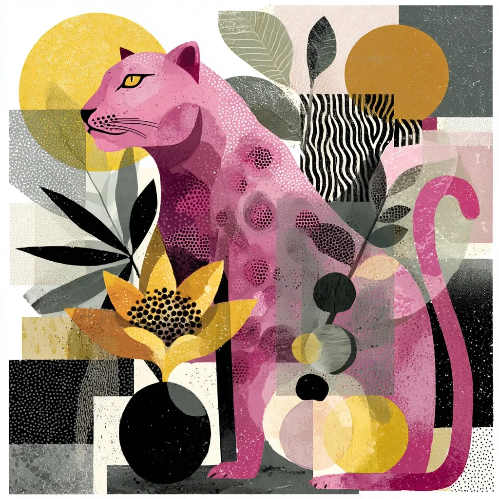 A stylized pink panther is the focal point of this abstract artwork.  Surrounded by geometric shapes, textured foliage, and sunflowers in varying shades of yellow, gold, and grey, the panther is depicted in a collage-like style.  Bold colors and patterns create a vibrant and modern aesthetic, suggesting a blend of nature and geometric design. The overall composition is balanced and visually striking.