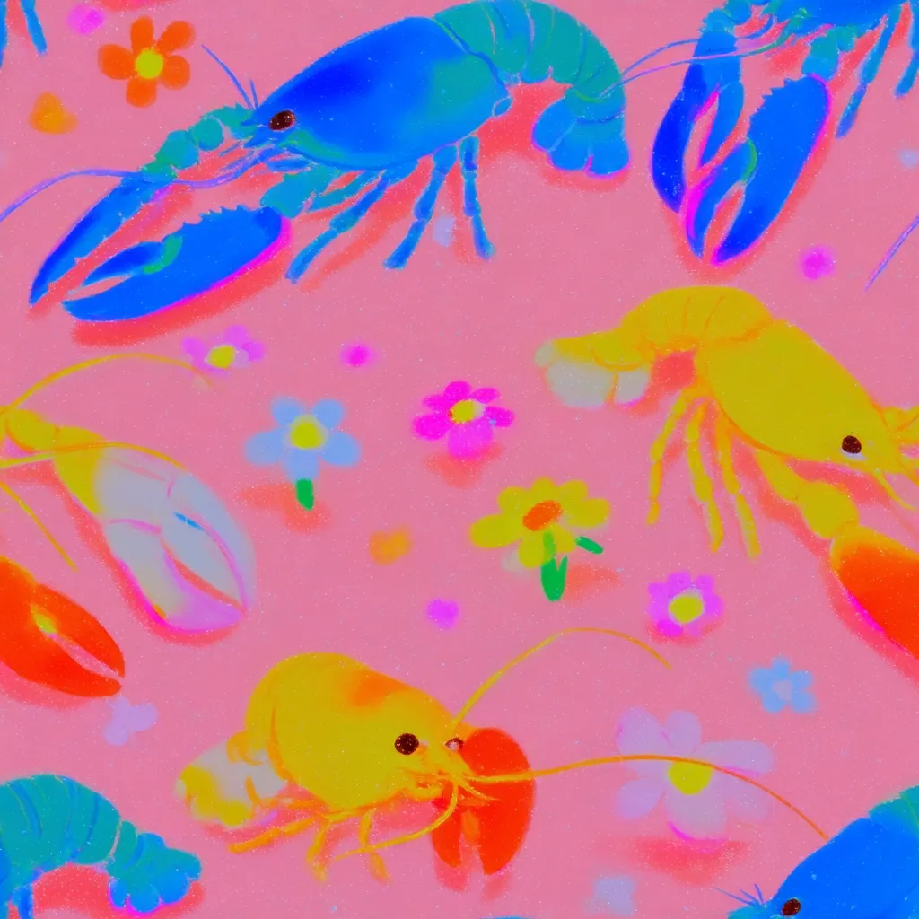 A vibrant pink background features colorful illustrations of lobsters and flowers.  Blue, yellow, and orange lobsters are depicted in a playful, almost psychedelic style.  The flowers are simple, with various pastel colors, adding a whimsical touch to the overall design. The image creates a fun, almost surreal, aesthetic.