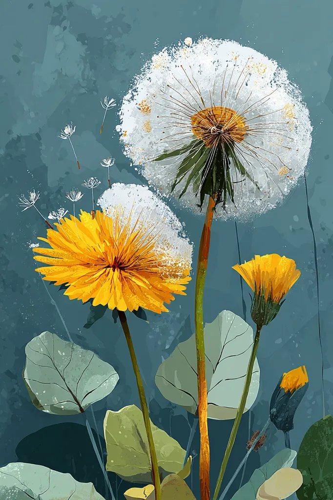 A stylized floral illustration showcases vibrant yellow dandelions in various stages of bloom, alongside their fluffy white seed heads.  The background is a muted teal, providing a serene contrast to the bright flowers. Large, pale green leaves accentuate the stems, creating a visually appealing composition with a touch of whimsical artistry.  The overall style is modern and painterly.