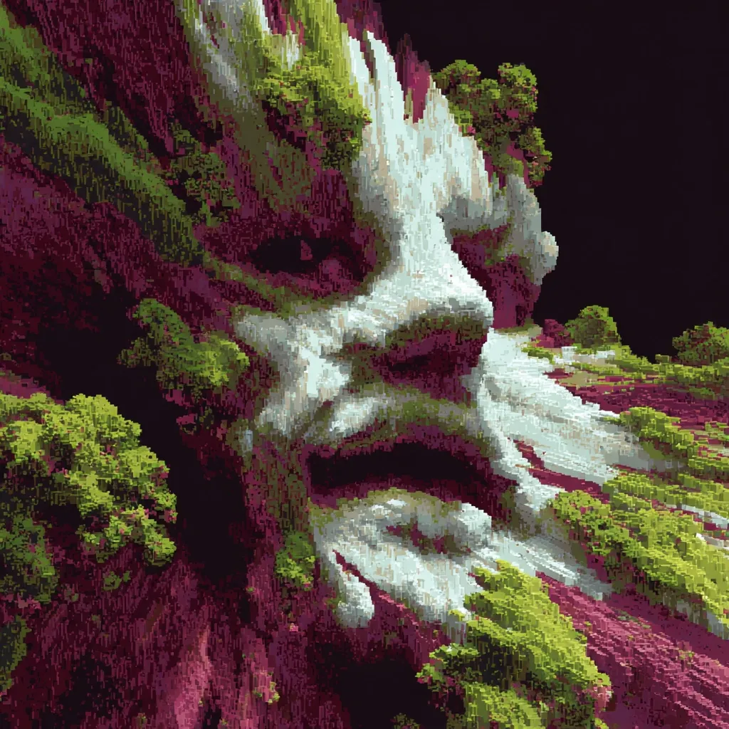 A digital artwork depicts a stylized face emerging from a landscape. The face, primarily white and off-white, appears weathered and eroded, with a gaping mouth.  The surrounding landscape is a mix of deep burgundy and vibrant lime green, resembling a textured, pixilated rock formation heavily overgrown with vegetation.  The overall effect is surreal and otherworldly, suggestive of a nature spirit or ancient deity.