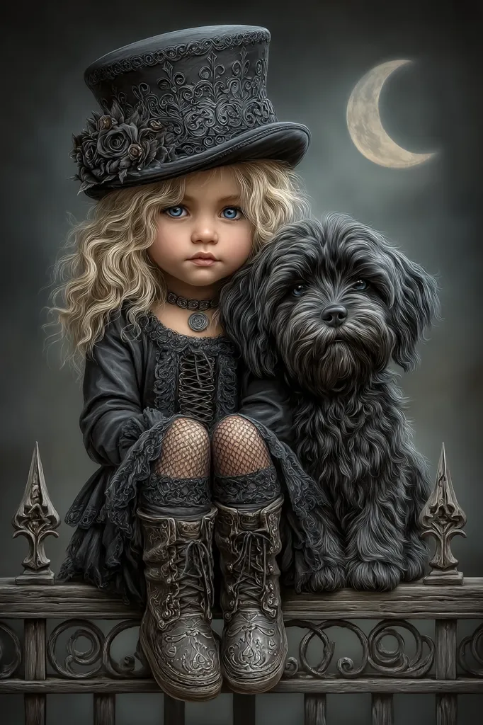A young girl with blonde curls wears a black top hat adorned with black roses and a gothic-style dress.  She sits on an ornate fence with her black, fluffy dog companion. The scene is dark and moody, highlighted by a crescent moon in the background, creating a whimsical, slightly gothic atmosphere.  The girl's boots and the dog's fur are richly detailed.