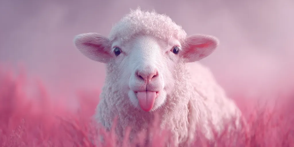 A fluffy white lamb, its tongue playfully sticking out, is nestled amidst vibrant pink grass.  The lamb's soft, curly fur contrasts beautifully with the intense pink backdrop, creating a whimsical and charming image. Its large, expressive eyes add to its adorable appeal. The overall effect is one of gentle sweetness and unexpected color.