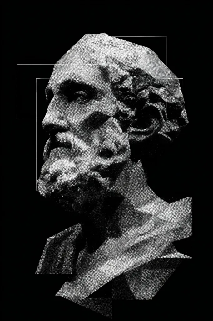 A black and white, stylized image of a classical bust.  The sculpture, possibly depicting an older man with a beard, is presented with geometric overlays suggesting fragmentation or deconstruction.  The halftone effect adds a textured, almost grainy quality to the image, enhancing its artistic and modern feel. The dark background emphasizes the sculpture's form.