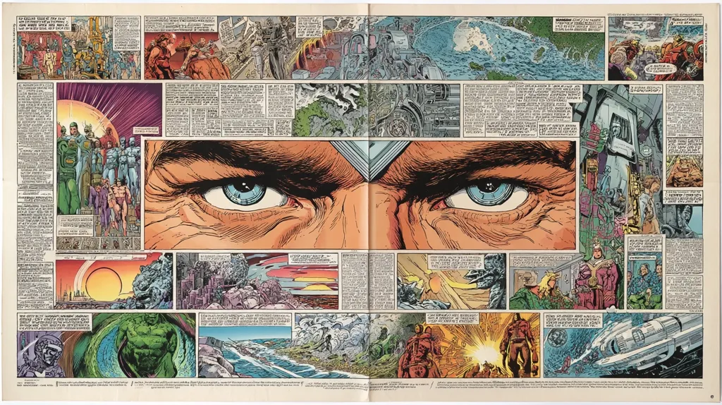 A detailed comic book page spread features a giant close-up of a man's eyes, dominating the center.  Surrounding the eyes are numerous smaller panels depicting diverse scenes: futuristic cities, cosmic landscapes, battles, and various characters.  The art style is detailed and evocative, hinting at a complex science fiction narrative.  Text boxes accompany the illustrations, likely conveying dialogue and narration. The overall impression is one of epic scale and imaginative storytelling.