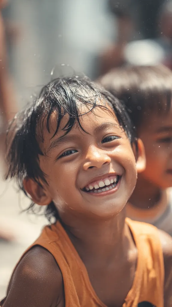 A young child with dark hair and skin beams a wide, joyful smile.  Water droplets cling to their dark hair and skin, suggesting recent playtime.  They wear an orange tank top.  Another child is blurred in the background, adding depth to the image. The overall impression is one of carefree happiness and youthful exuberance.