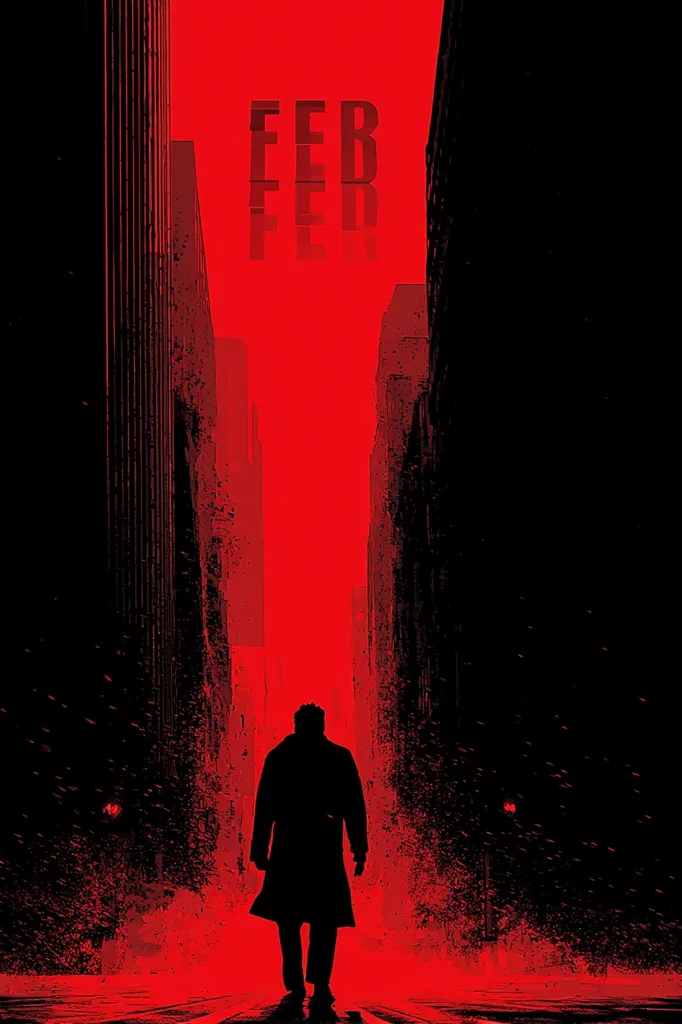 A stark, minimalist poster depicts a lone figure in a long coat walking down a crimson-lit city alley.  The word "FER" is repeated vertically in bold, black letters against the intense red backdrop.  The overall effect is one of mystery and suspense, evoking a film noir atmosphere. The dark, shadowy buildings frame the central figure, emphasizing his isolation.