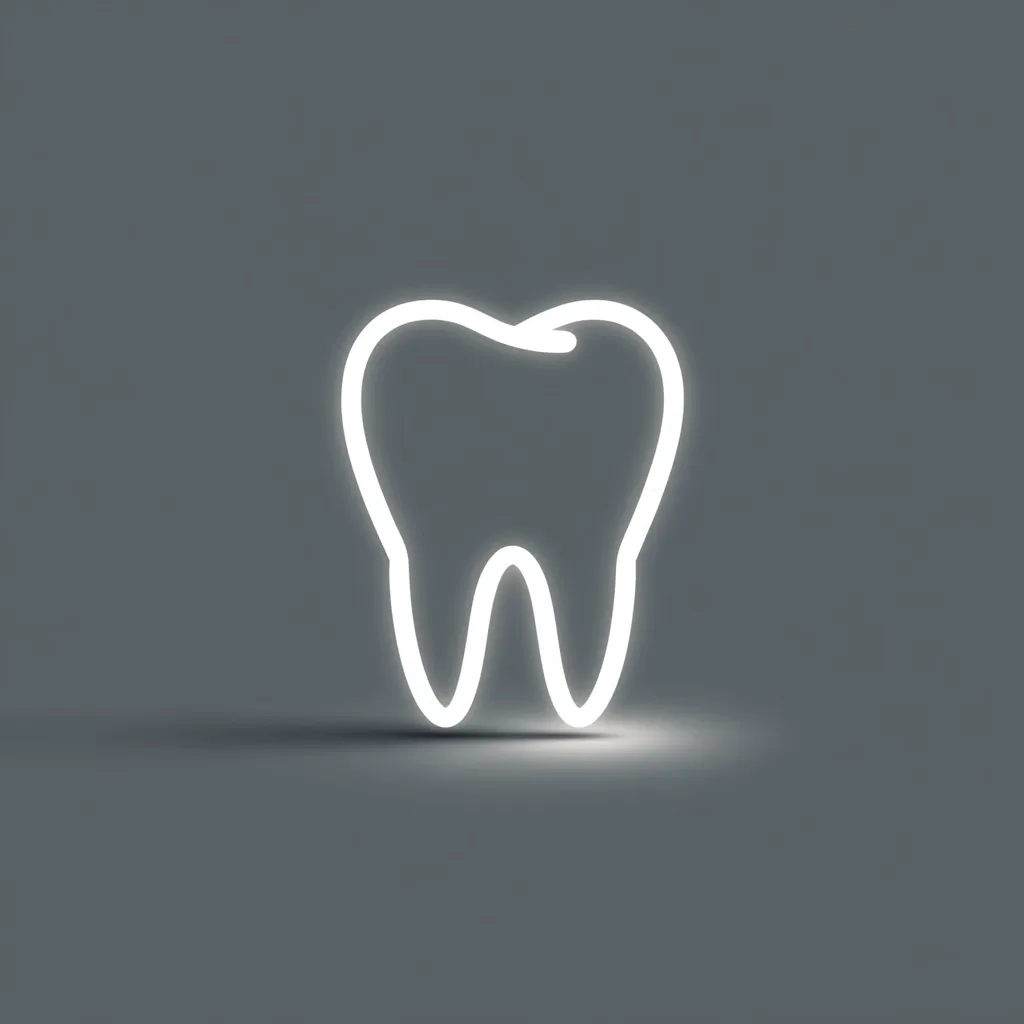 A simple, white outline of a tooth is centrally positioned against a dark gray background.  The outline is brightly lit, creating a subtle glow.  The image is minimalist and clean, suitable for dental practices or healthcare-related designs. The tooth is depicted in a simple, cartoonish style.