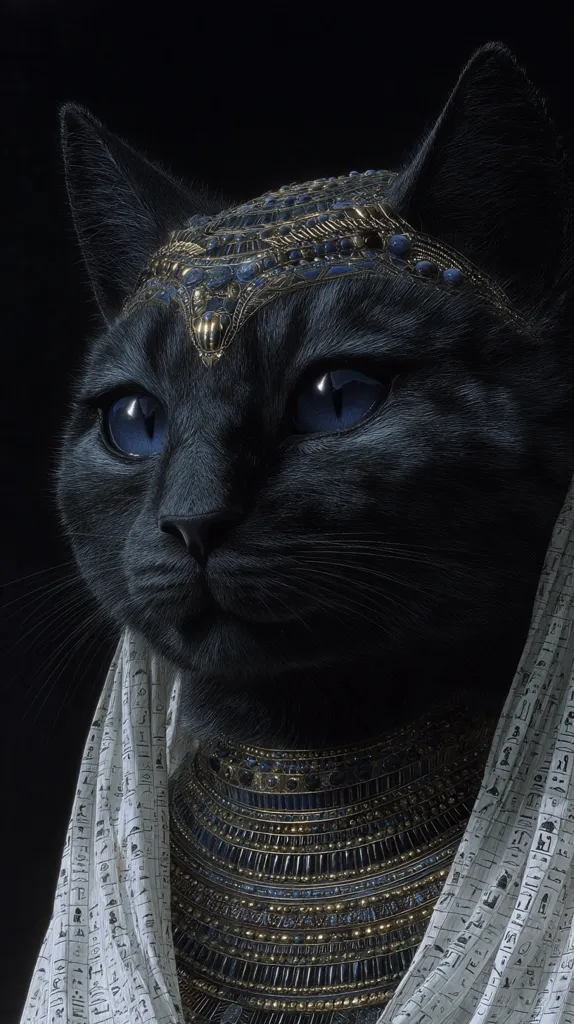 A regal black cat, adorned with an elaborate gold and sapphire headdress and necklace, is depicted in a striking close-up.  The cat's piercing blue eyes and dark fur contrast beautifully with the intricate jewelry.  A white fabric, possibly inscribed with ancient hieroglyphs, drapes around its shoulders, adding to the majestic and mysterious aura. The image is richly detailed and evokes a sense of ancient royalty.