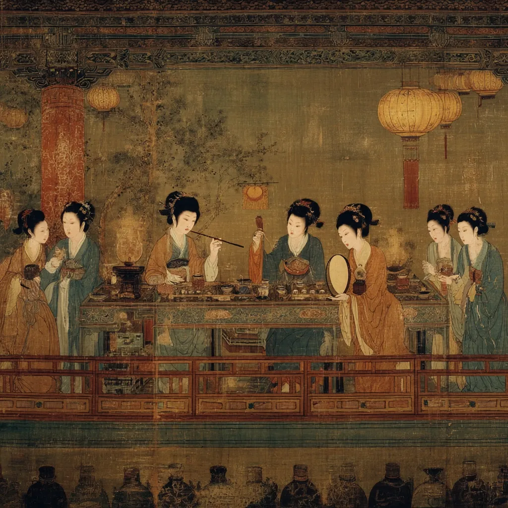 A painting depicts a scene of elegant Chinese women gathered around a long table laden with cosmetics and toiletries.  They are meticulously applying makeup and grooming themselves, their richly colored garments and elaborate hairstyles suggesting a high social standing.  The setting is opulent, with lanterns hanging from a ceiling and a tranquil garden visible in the background.  The overall style evokes the grace and refinement of courtly life.
