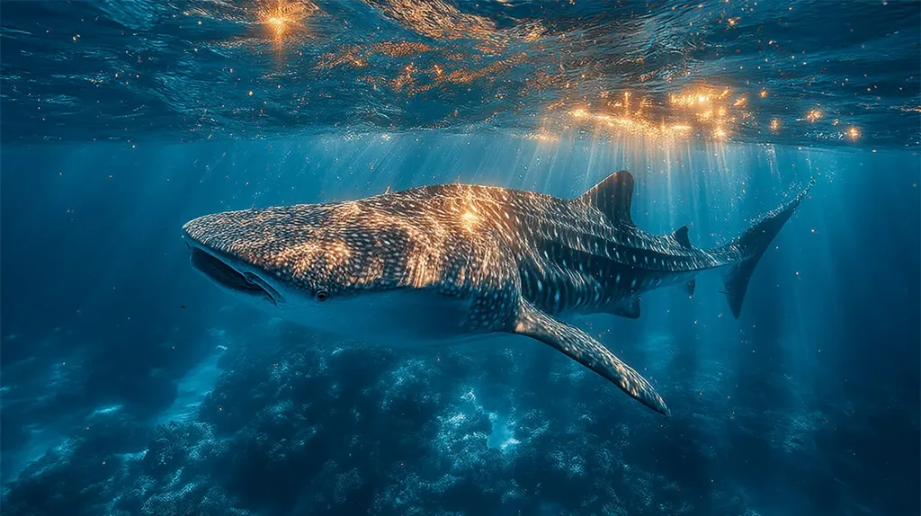 A whale shark gracefully swims through the ocean's depths. Sunlight filters from above, creating a shimmering effect on its spotted skin. The shark is large and peaceful, moving with effortless elegance.  The underwater scene is a vibrant blue, with a dark coral reef visible below.  The overall image evokes a sense of serene beauty and the wonder of the underwater world.
