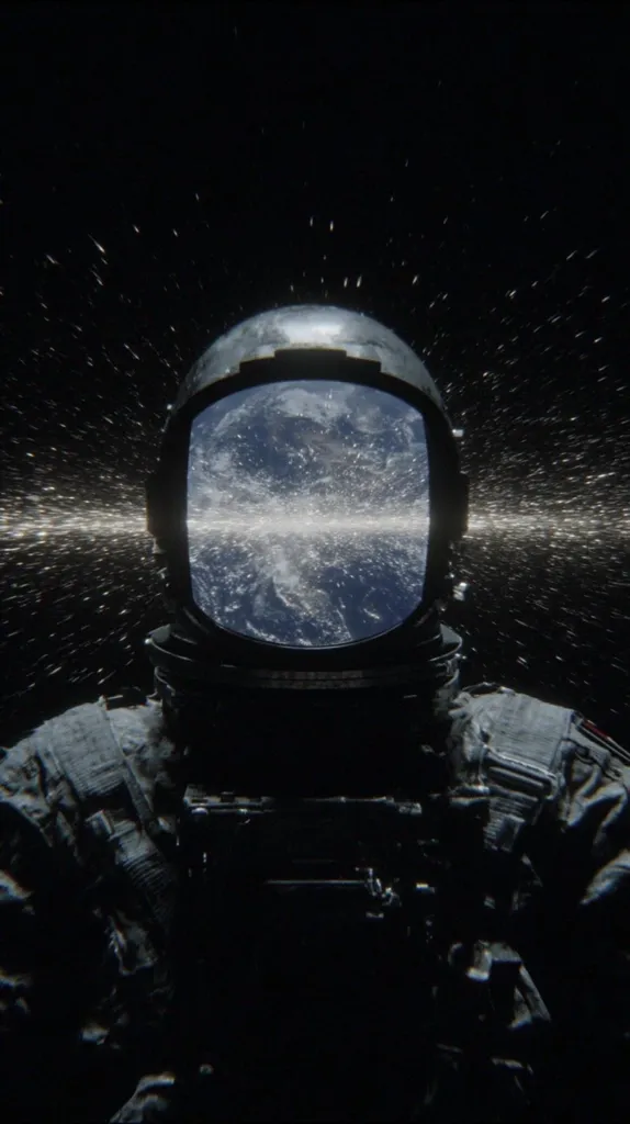 An astronaut's helmet reflects a breathtaking view of Earth, partially obscured by a shimmering stream of cosmic particles. The dark expanse of space surrounds the figure, emphasizing the vastness of the universe. The image evokes a sense of awe and isolation, highlighting the human presence amidst the cosmic wonder.  The astronaut's silhouette is mostly dark, with only the helmet and parts of the suit visible.
