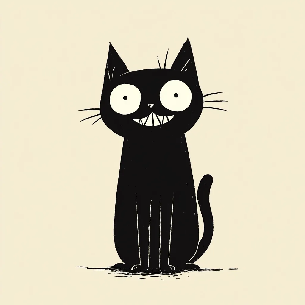 A cartoon illustration of a black cat with large, round eyes and a wide, toothy grin sits against a beige background.  The cat's simplistic style and exaggerated features give it a whimsical and slightly mischievous appearance.  Its posture is upright and attentive, suggesting playful alertness.  The overall aesthetic is minimalist and charming.