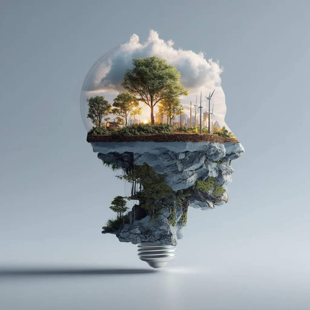 A surreal image depicts a lightbulb containing a miniature landscape.  A rocky outcrop, shaped like a head, supports a thriving ecosystem of trees and vegetation.  A city skyline with wind turbines is visible within the bulb's glass, suggesting a harmonious blend of nature and urban development. The concept visualizes innovative ideas for sustainable living and environmental harmony.