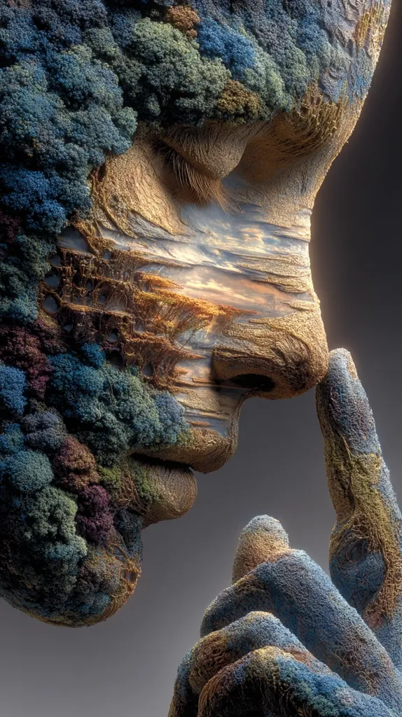 A digital artwork depicts a face seemingly composed of textured earth and rock formations.  The face is partially obscured by a textured, mossy surface, revealing a serene landscape within.  The figure's hand is raised to its face in a contemplative gesture, blending seamlessly with the natural textures. The overall impression is one of peaceful introspection and a deep connection to nature.