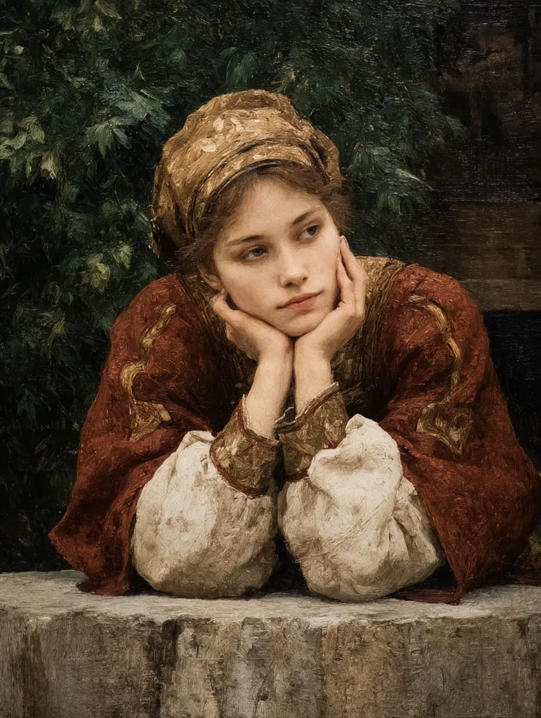 A young woman, dressed in a rich, burgundy robe with ornate gold detailing and a golden head covering, rests her chin on her hands.  Her expression is pensive and melancholic. She is seated against a backdrop of lush, dark green foliage, her posture suggesting contemplation or quiet sadness. The painting's muted tones and textured brushstrokes create a sense of depth and intimacy.