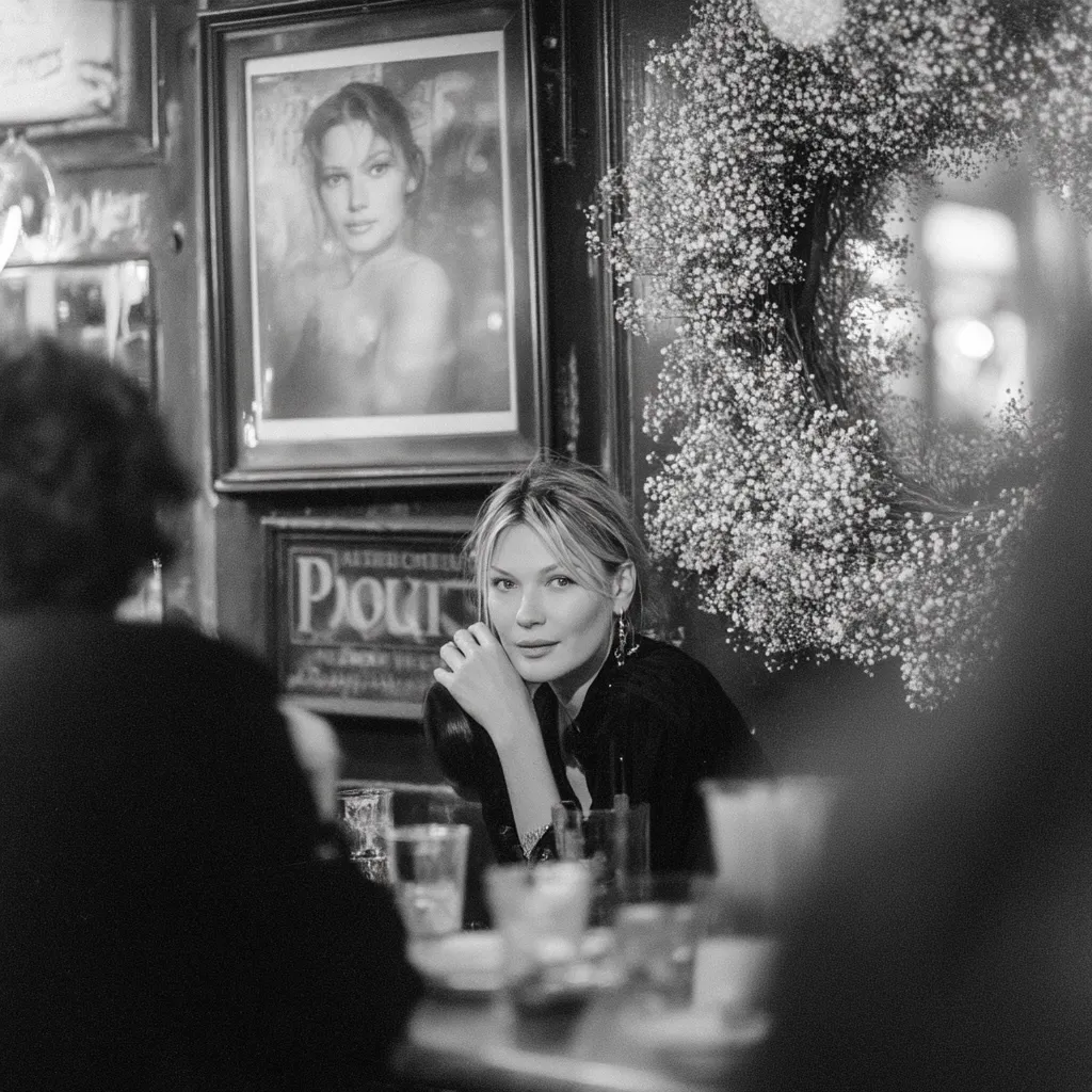 A black and white photograph shows a blonde woman seated at a table in a dimly lit restaurant or bar. She rests her hand on the table and looks directly at the camera.  Behind her is a framed poster of a woman and a wreath of baby's breath. The atmosphere is intimate and stylish.  Another person's back is partially visible in the foreground.